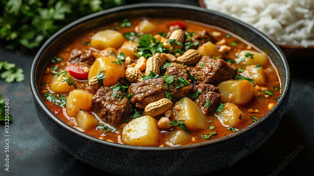 Massaman curry beef potatoes and peanuts served with steamed rice isolated on a clean surface a comforting Thai dinner dish