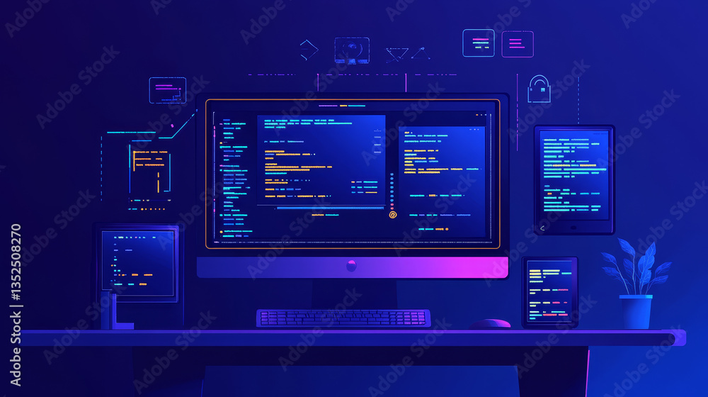Vector illustration. Programming. Flat computing background. Programming and coding. Web development and search. Search engine optimization. Innovation and technologies. Mobile app. Vector illustration. Programming. Flat computing background. Programming and coding. Web development and search. Search engine optimization. Innovation and technologies. Mobile app.