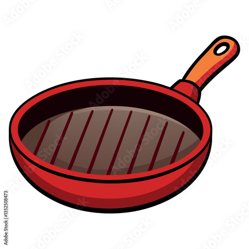 a red frying pan with cooked red meat sits beside an empty black skillet, both clean kitchen utensils for cooking food Isolated on white 