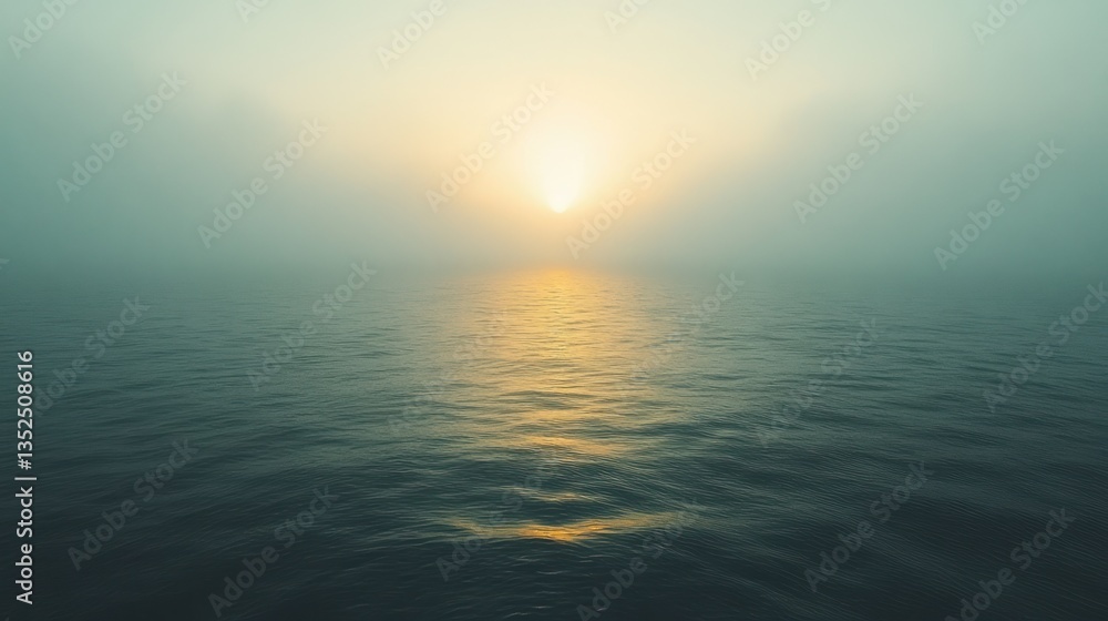 Fototapeta premium Misty sunrise over calm ocean water.