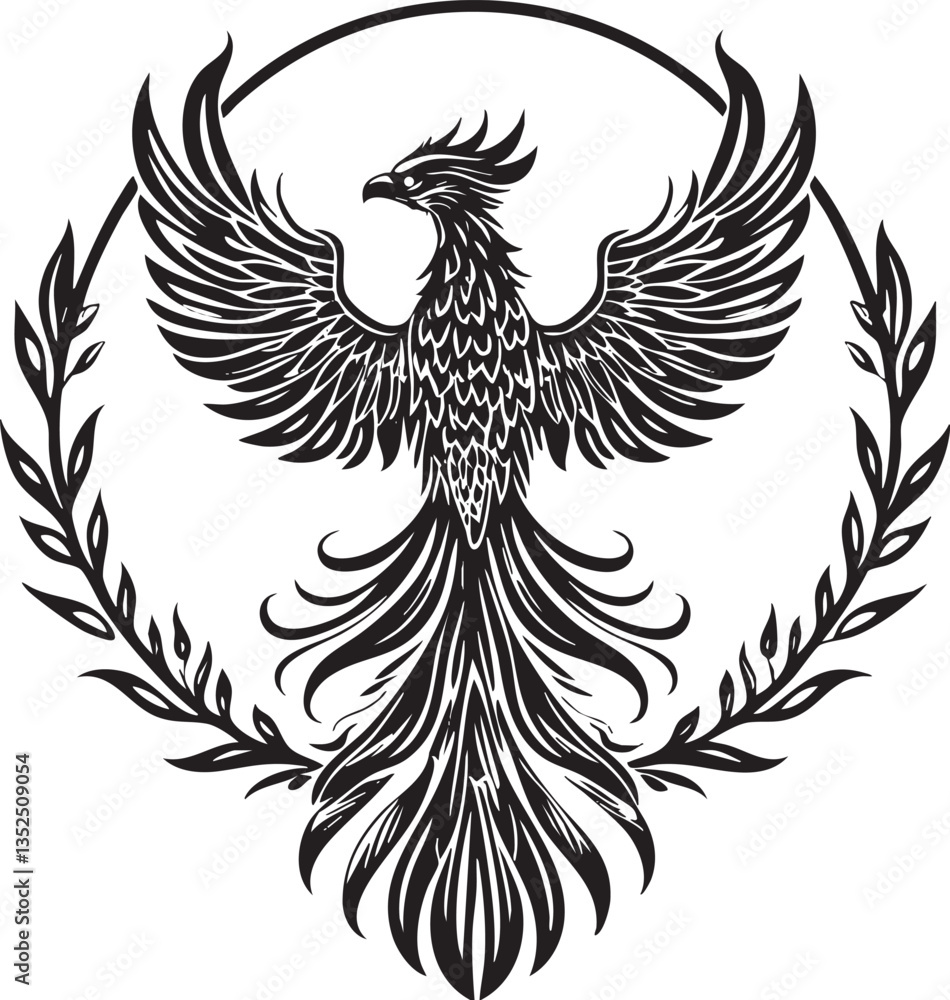 Obraz premium Black Phoenix Vector SVG Outline Detailed Bird Illustration