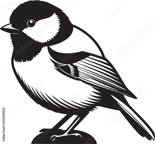 Chickadee Bird Vector Illustration in Black and White Outline