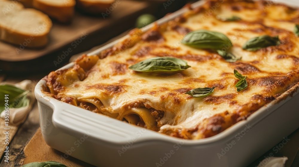 A hot and cheesy lasagna fresh out of the oven, garnished with basil and served with a side of garlic bread. A hot and cheesy lasagna fresh out of the oven, garnished with basil and served with a side of garlic bread.