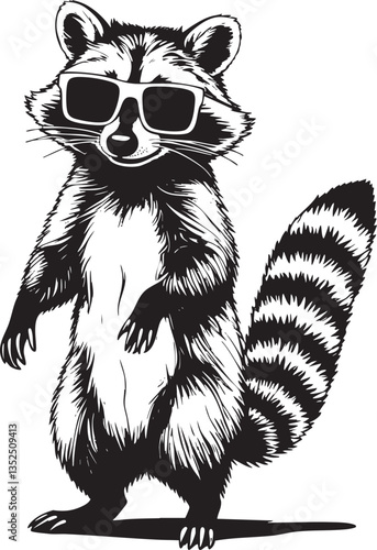 Cool Raccoon with Sunglasses Black and White Vector Illustration