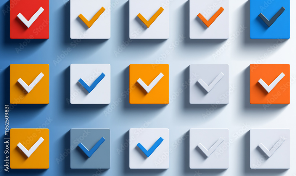 Colorful checkmarks on squares; completion concept; gradient background; website graphic Colorful checkmarks on squares; completion concept; gradient background; website graphic