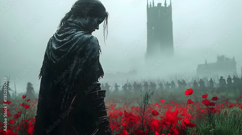 Fototapeta premium A solitary warrior in a misty battlefield adorned with red poppies, facing a distant tower amidst an army