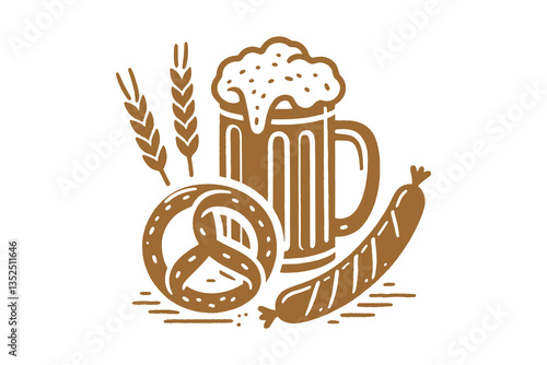 Beer, pretzel, sausage, and wheat icon in simple vector style
