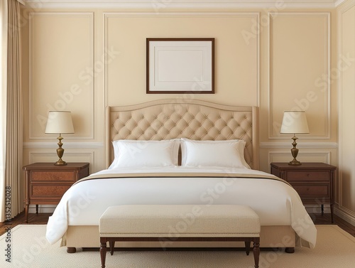 bedroom interior design inspiration luxury design warmth. Elegant hotel-inspired bedroom with layered silk bedding, warm recessed lighting, and a tufted bench
