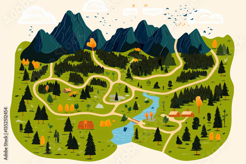 Colorful illustrated map of a mountainous forest area with winding trails, cabins, trees, and a flowing river under a sky with birds and clouds