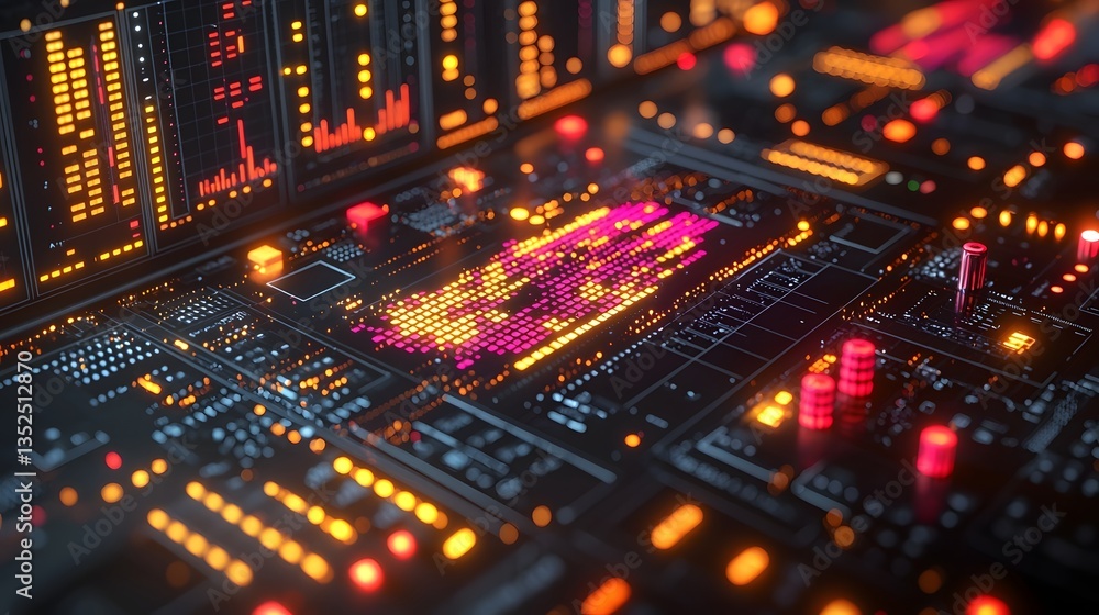 Vibrant digital circuit board with data visualization displays Vibrant digital circuit board with data visualization displays