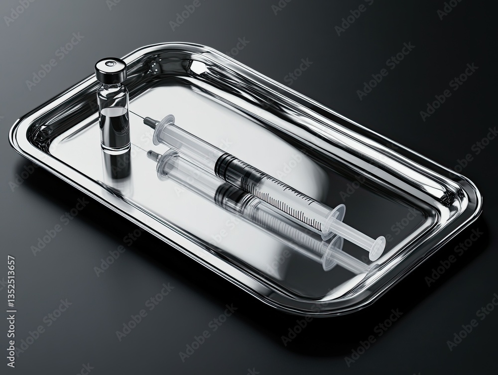 A close-up of a syringe and a vaccine vial on a stainless steel tray, symbolizing progress in immunology, A close-up of a syringe and a vaccine vial on a stainless steel tray, symbolizing progress in immunology,