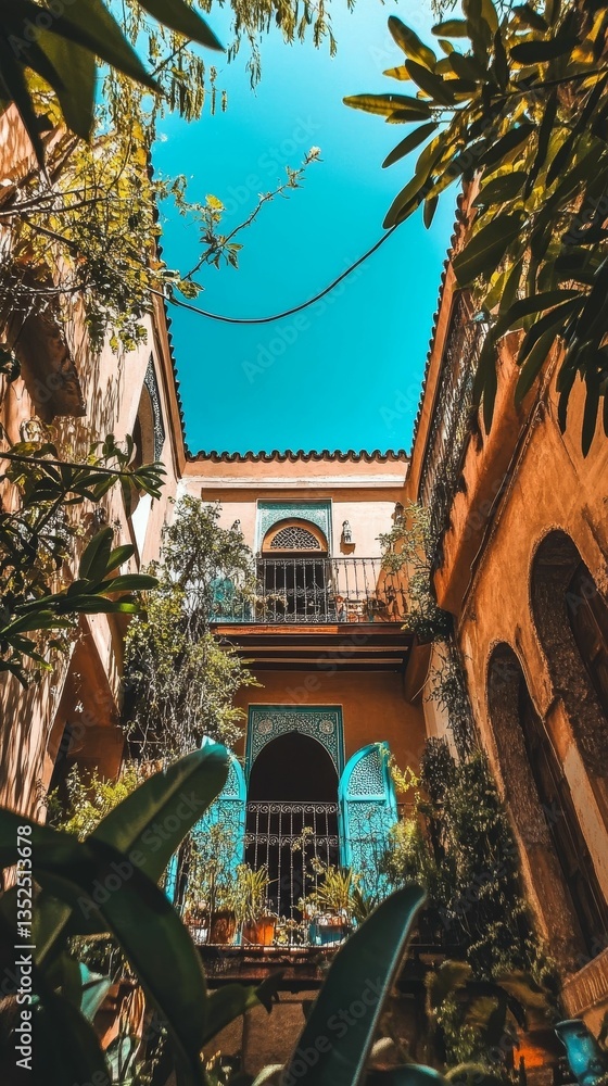 Fototapeta premium Orange building framing bright turquoise sky