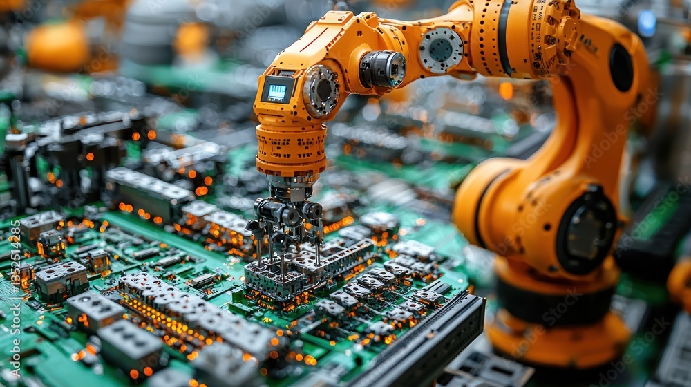 Robotic arm assembling circuit board in factory. Robotic arm assembling circuit board in factory.
