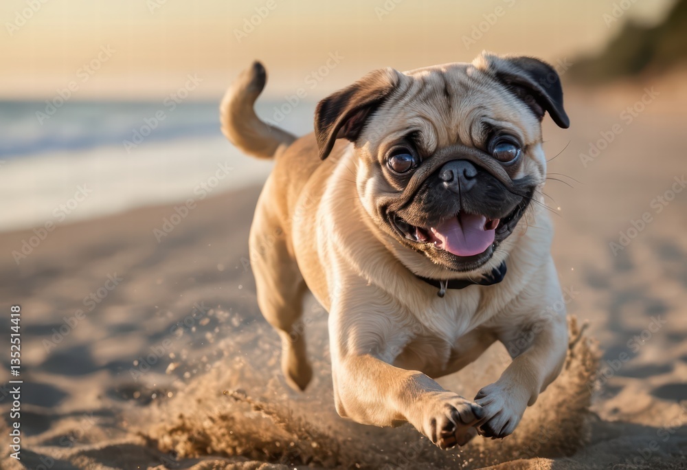 Obraz premium pug dog running on the sand of a beach, funny doggy playing outdoors on the shores near the ocean, per on the nature with the sea