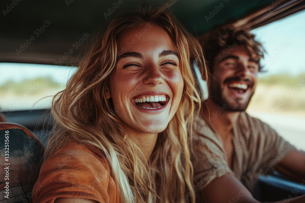 Man and woman laughing joyfully in a car, cityscape blurred in the background. Man and woman laughing joyfully in a car, cityscape blurred in the background.
