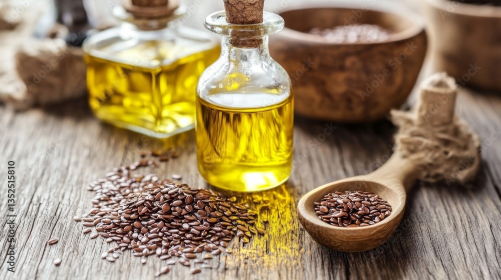 Flaxseed Oil in Glass Bottles on Wooden Table