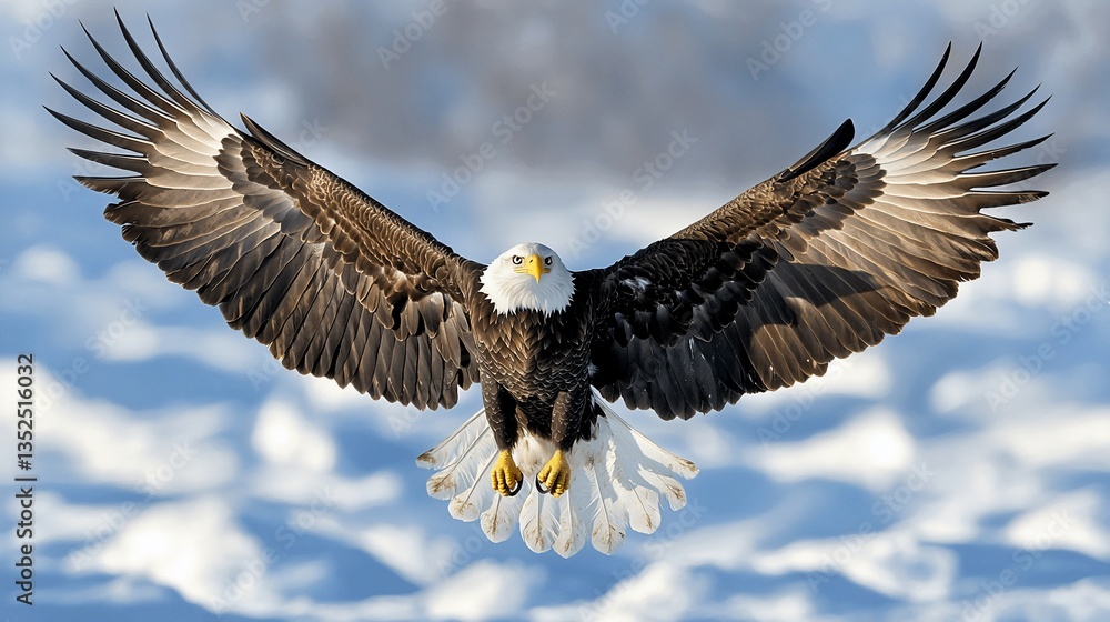 Fototapeta premium Majestic bald eagle in flight over snowy landscape. (2)
