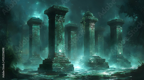 Mysterious ancient ruins shrouded in mist, illuminated by ethereal lights, surrounded by dense forest