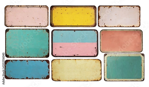 set of blank grunge colorful vintage metal boards with copy space for text isolated on white background