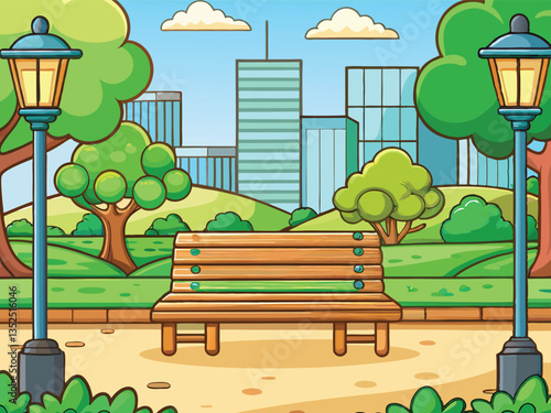 Vector illustration of a park with a bench and trees in a green urban landscape