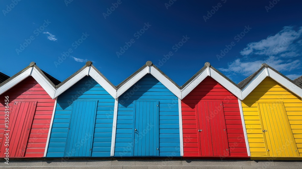 Naklejka premium Vibrant beach huts line the shore coastal paradise photography bright atmosphere eye-level a row of brightly colored newstandard