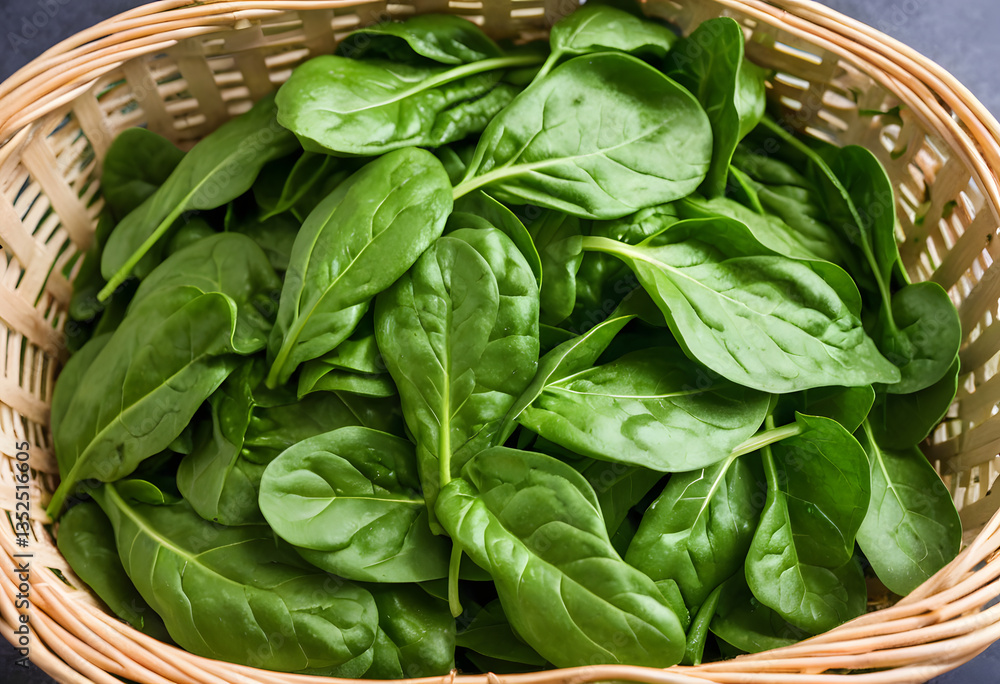A basket full of deep green spinach leaves, fresh and crisp. A basket full of deep green spinach leaves, fresh and crisp.