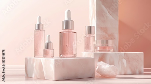 A row of bottles with a pink background