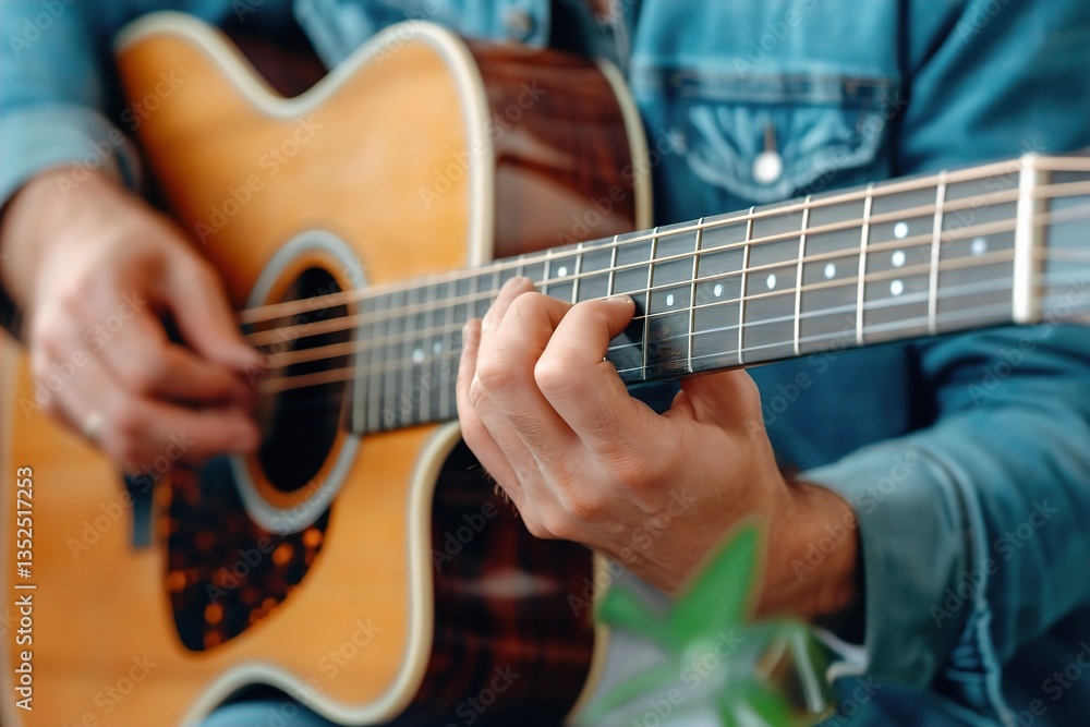 Fototapeta premium A close-up of a man's hands playing an acoustic guitar, showcasing artistry and passion for music. Emotions Through Music