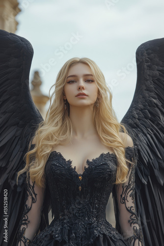 A striking image of a woman with long blonde hair and black wings, dressed in an elegant black gown, exuding a mysterious and ethereal aura.
