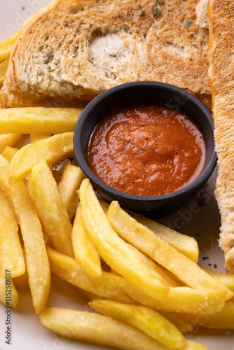 Close-up of crispy French fries served with a grilled cheese sandwich and a side of rich tomato dipping sauce.