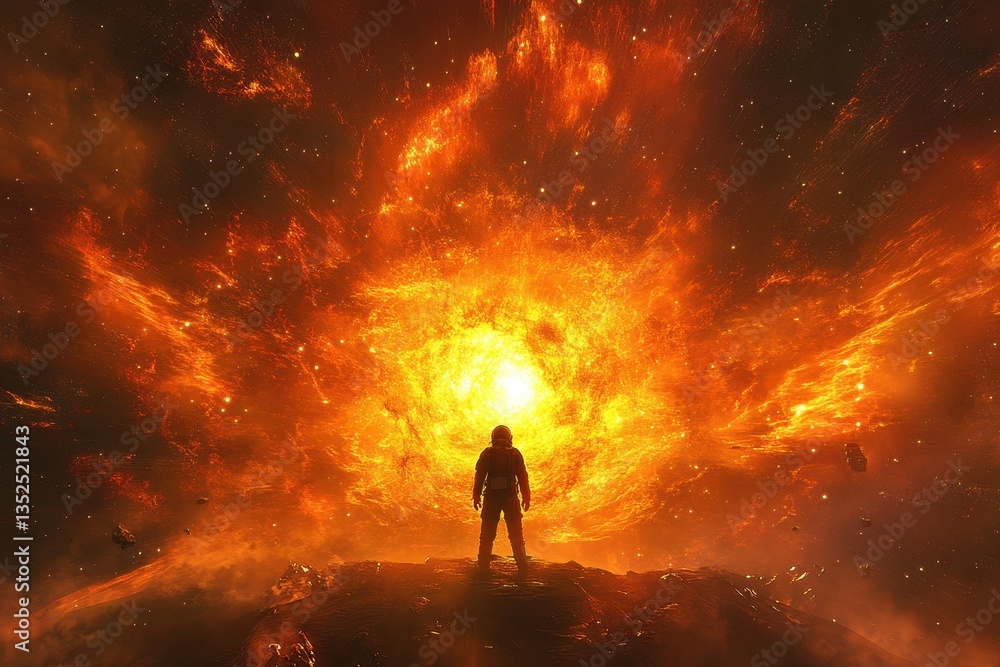 Fototapeta premium Astronaut standing before a bright fiery celestial explosion