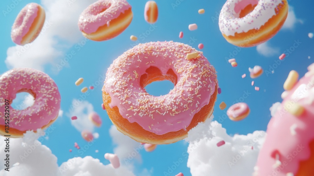 Pink Glazed Donuts Falling Through a Blue Sky Pink Glazed Donuts Falling Through a Blue Sky