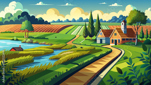 Walking trail in a beautiful Dutch farm landscape along green fields, forests and a river. It's located near the small village called Vasse in the Eastern Netherlands near the German .