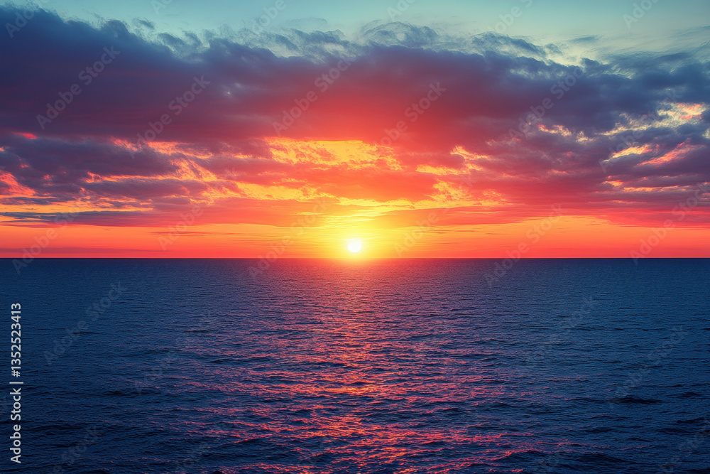 Sunset painting the sky over the ocean, with clouds casting shadows on the calm water, creating a breathtaking and serene natural spectacle. Sunset painting the sky over the ocean, with clouds casting shadows on the calm water, creating a breathtaking and serene natural spectacle.