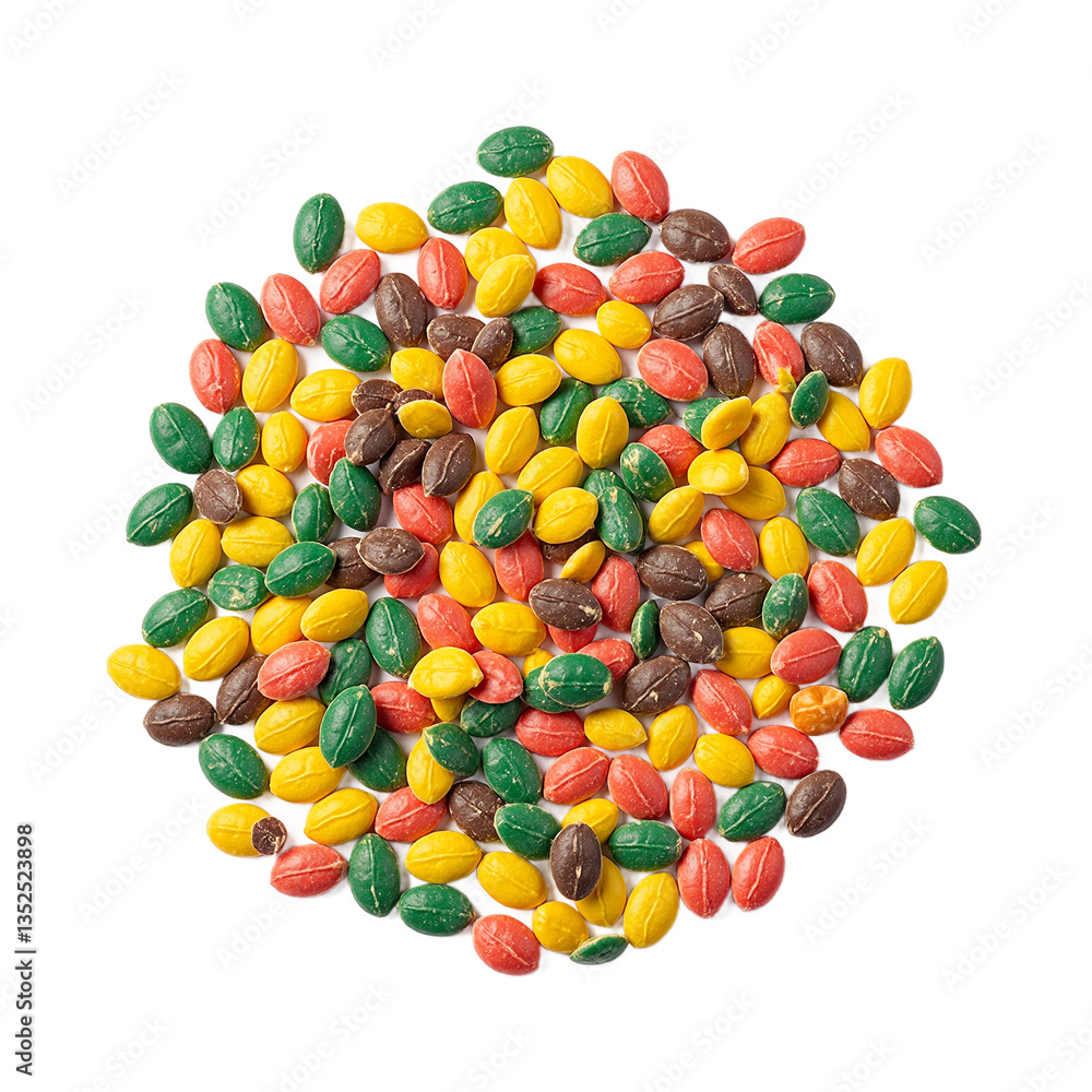 Obraz premium Colorful chocolate covered sunflower seeds arranged in a neat pile displaying a vibrant rainbow palette against a clean white backdrop