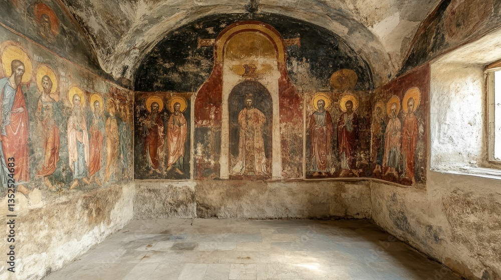 Obraz premium Ancient murals depict religious figures in church.