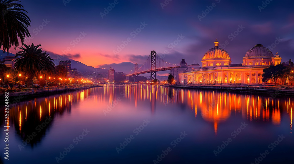 Fototapeta premium Sunset cityscape with bridge and illuminated building reflections on calm water, ideal for travel brochures