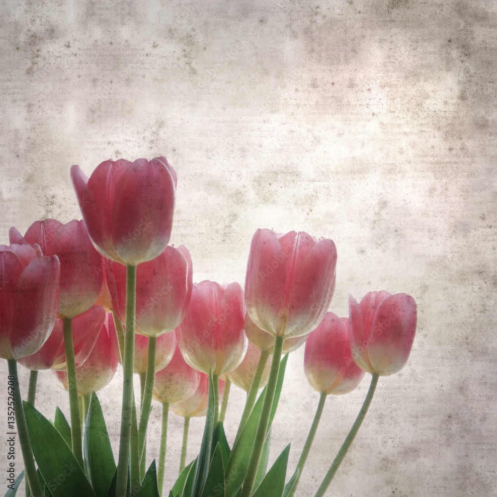 square stylish old textured paper background with gentle pink tulip bouquet square stylish old textured paper background with gentle pink tulip bouquet