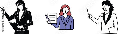 Businesswomen Presentation Icons Document, Pointer, Meeting, Teamwork