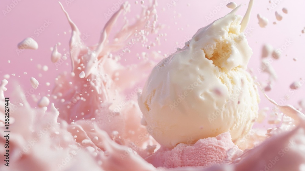 Fototapeta premium Vanilla Ice Cream Splash in Pink Milk