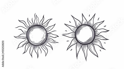 Two hand-drawn sun illustrations, perfect for summer designs or celestial themes, isolated on white background