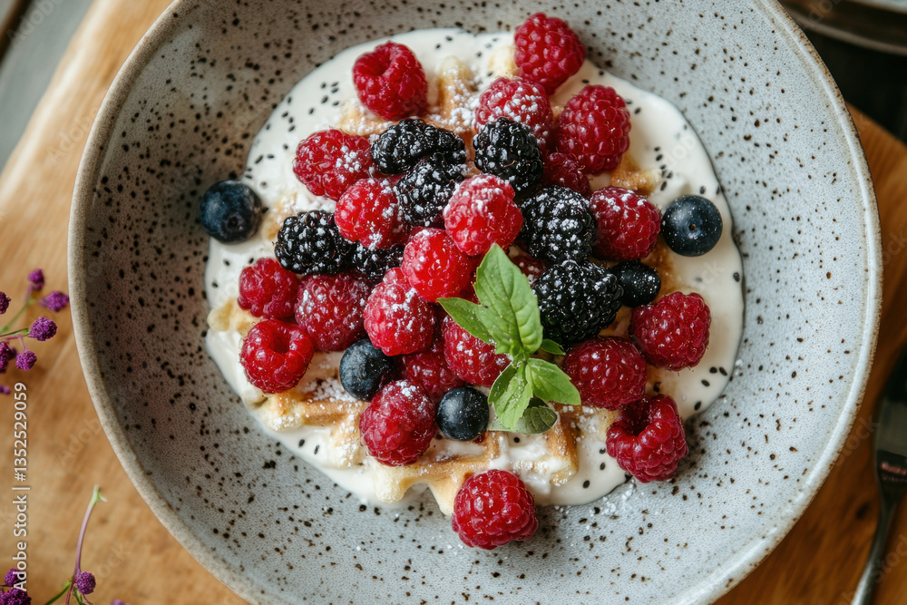 Bowl of berries and cookies on a wooden table, natural light casting soft shadows. Bowl of berries and cookies on a wooden table, natural light casting soft shadows.