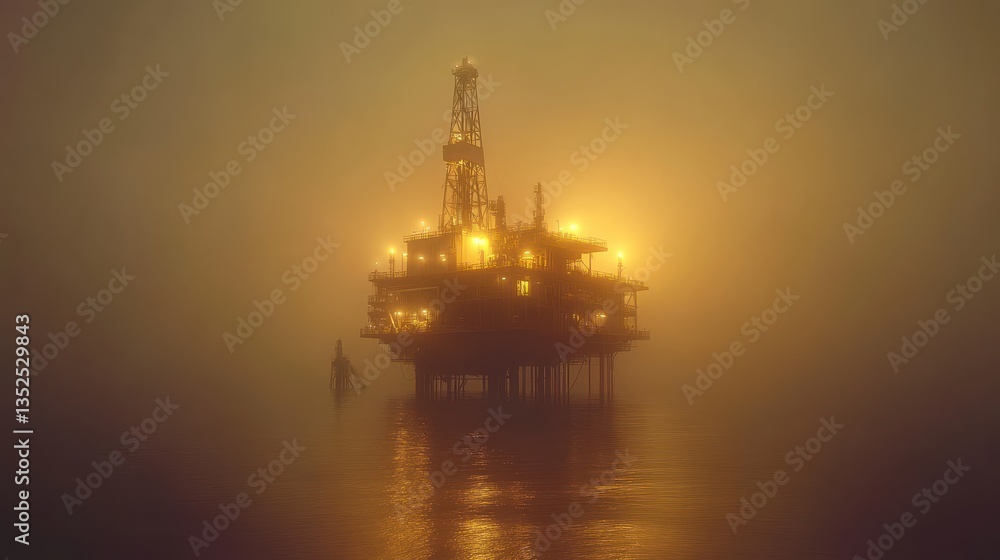 Foggy Oil Platform at Dusk with Glowing Lights in Ocean Water Foggy Oil Platform at Dusk with Glowing Lights in Ocean Water