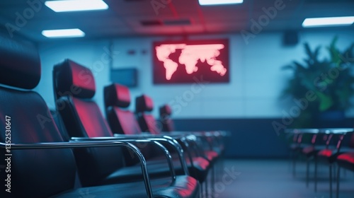 Empty waiting area with modern chairs and illuminated world map display