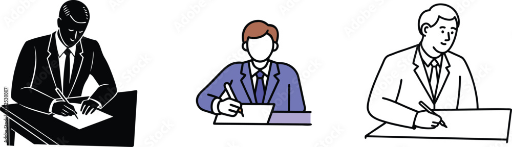 Businessman Signing Documents Black, Color, Outline Illustrations