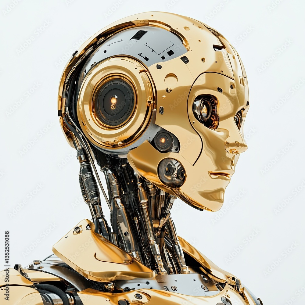 Fototapeta premium Close-up of a golden robotic figure with metallic components on a white background, representing artificial intelligence. 