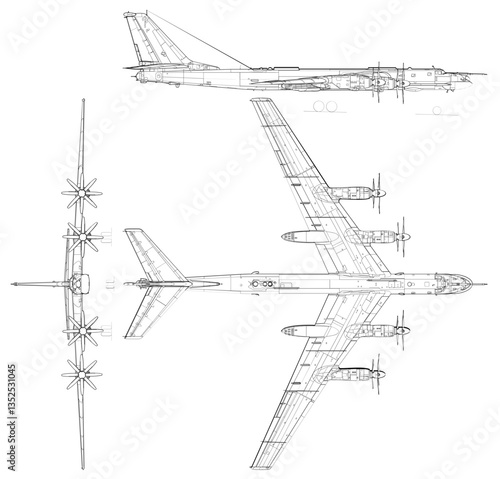 Tupolev_Tu-95MS_3-view Blank outline vector SVG Badge, DXF, CNC Router File, Laser Engraving, Cricut Ezcad, Digital Cutting File for laser cutting