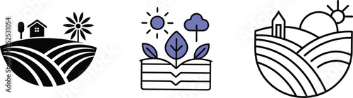 Farmland Icons House, Sun, Plants, Rolling Hills, Agriculture