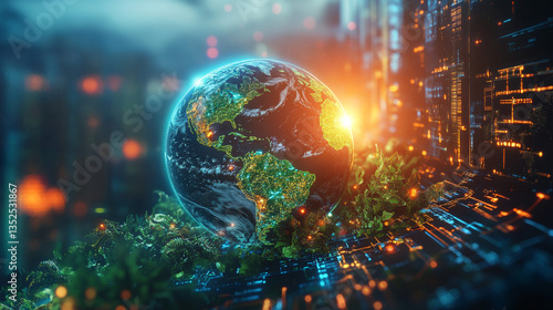 Fototapeta Naklejka Na Ścianę i Meble -  A conceptual illustration of environmental technology and sustainable development goals (SDGs), incorporating elements of NASA imagery in a 3D-rendered design