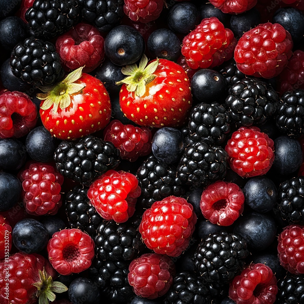 Close-up of red and black berries, creating a vibrant fruit background ideal for food photography Close-up of red and black berries, creating a vibrant fruit background ideal for food photography